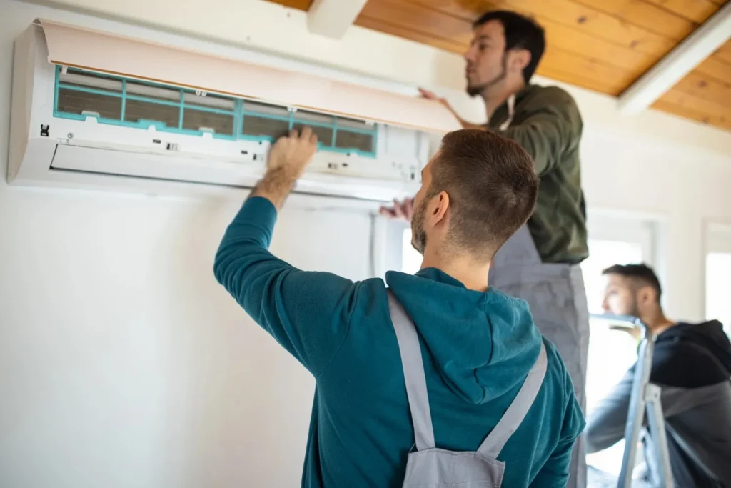 Three workers are installing or repairing a white, wall-mounted air conditioning unit under a wooden ceiling.