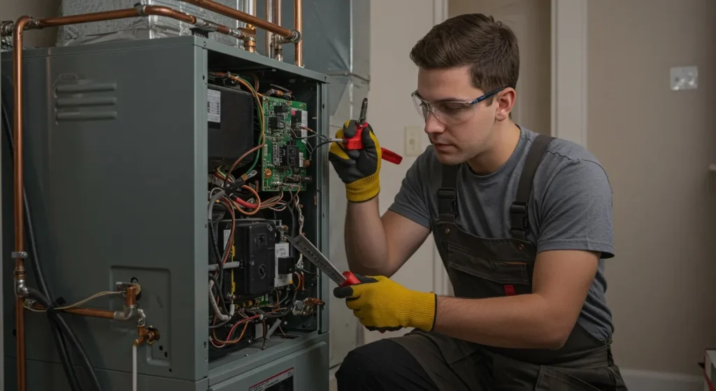 Technician troubleshooting furnace circuit board with tools.