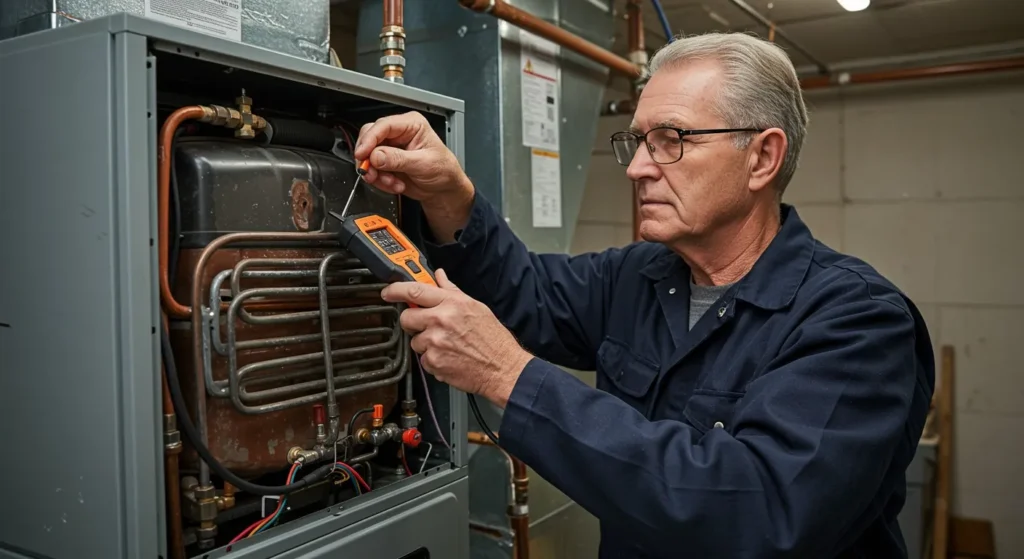 Technician diagnosing a furnace heat exchanger.